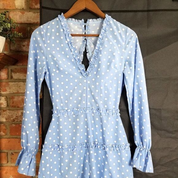 NWT NEW Parisian Light Blue Polka Dot Long Sleeve Backless Romper - Picture 8 of 9